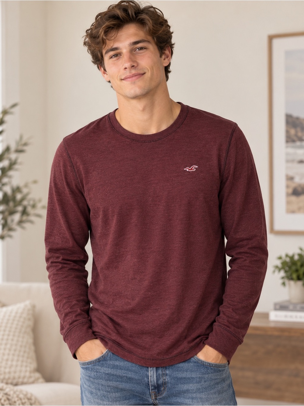 Hollister Men’s Burgundy Long Sleeve Crewneck Logo Shirt Size L Y2K Preppy Wool